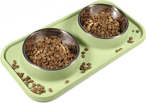 Pet food tray with two metal bowls filled with kibble on a white background at Pet Servo