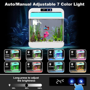 Aquarium with adjustable 7 color light system on a dark background