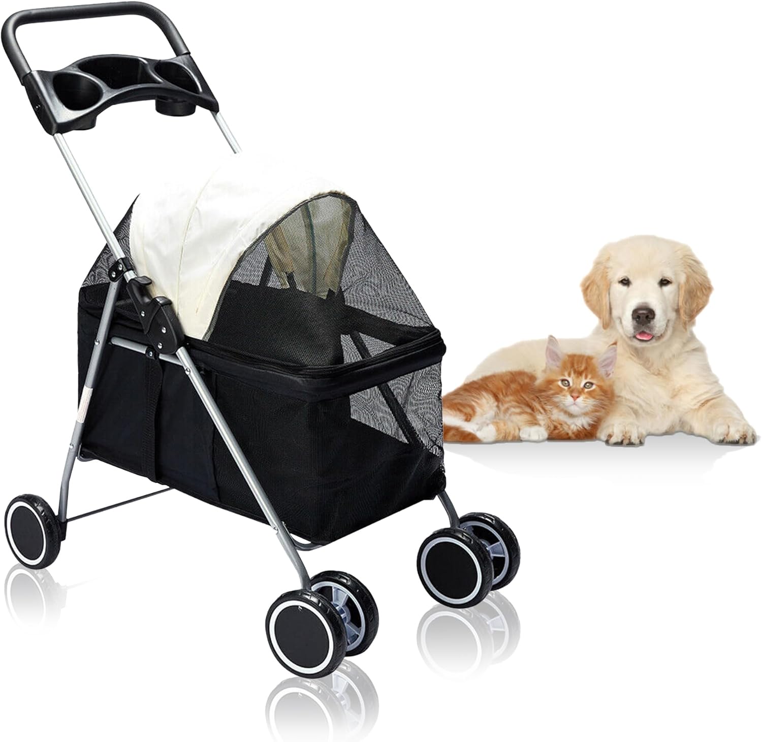 PaWz - Large 4 Wheels Foldable Pet Stroller Dog Cat Travel Carrier with 2 Safety Leash, Black