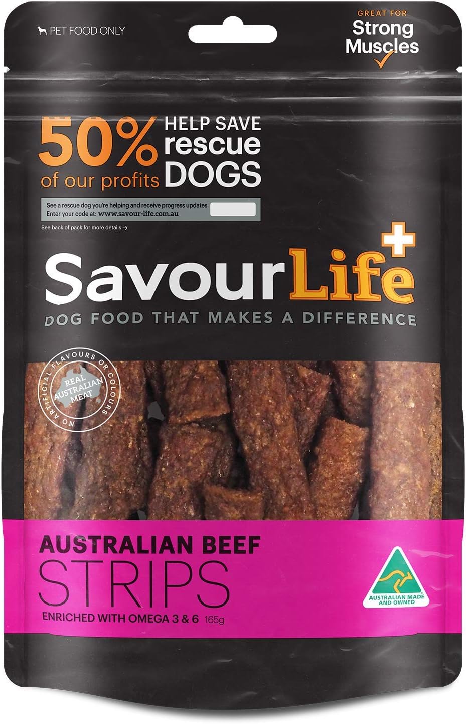 SavourLife Australian Beef Strips dog food package with black and pink design at Pet Servo