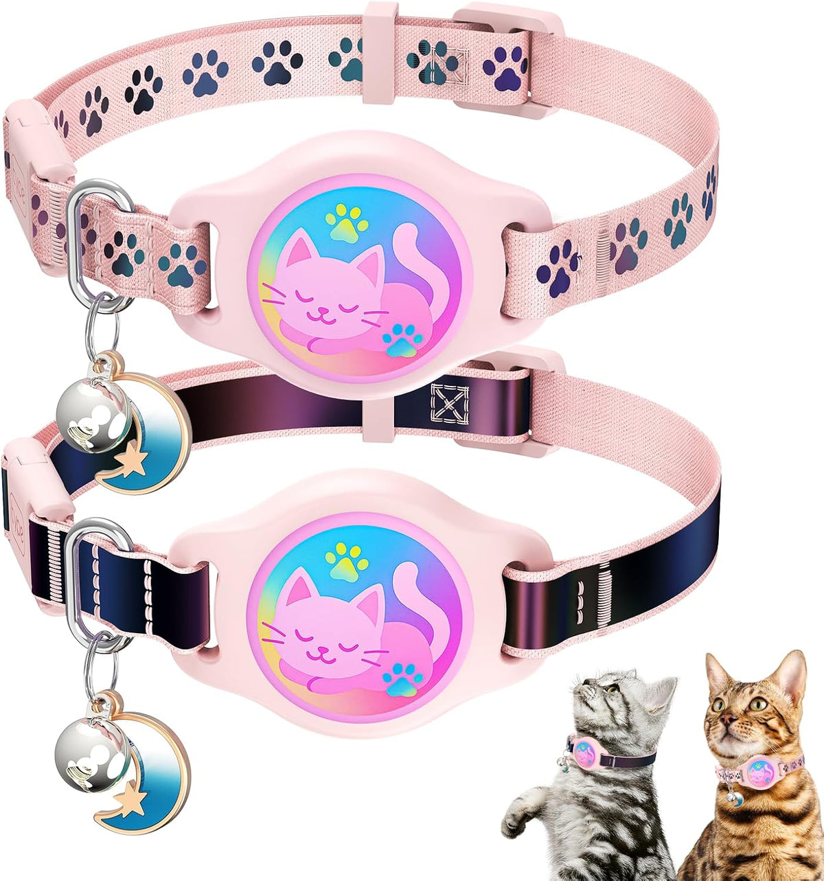 Pink and black pet collar with a cartoon cat design on a white background at Pet Servo