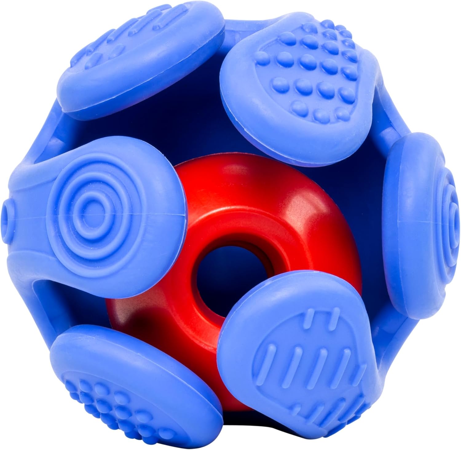 A blue and red textured dog toy ball with multiple raised nubs and ridges, shown on a plain white background at Pet Servo