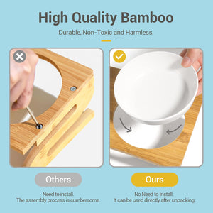 Bamboo product with a comparison to 'Others' showing assembly difficulty, and 'Ours' showing direct usability at Pet Servo