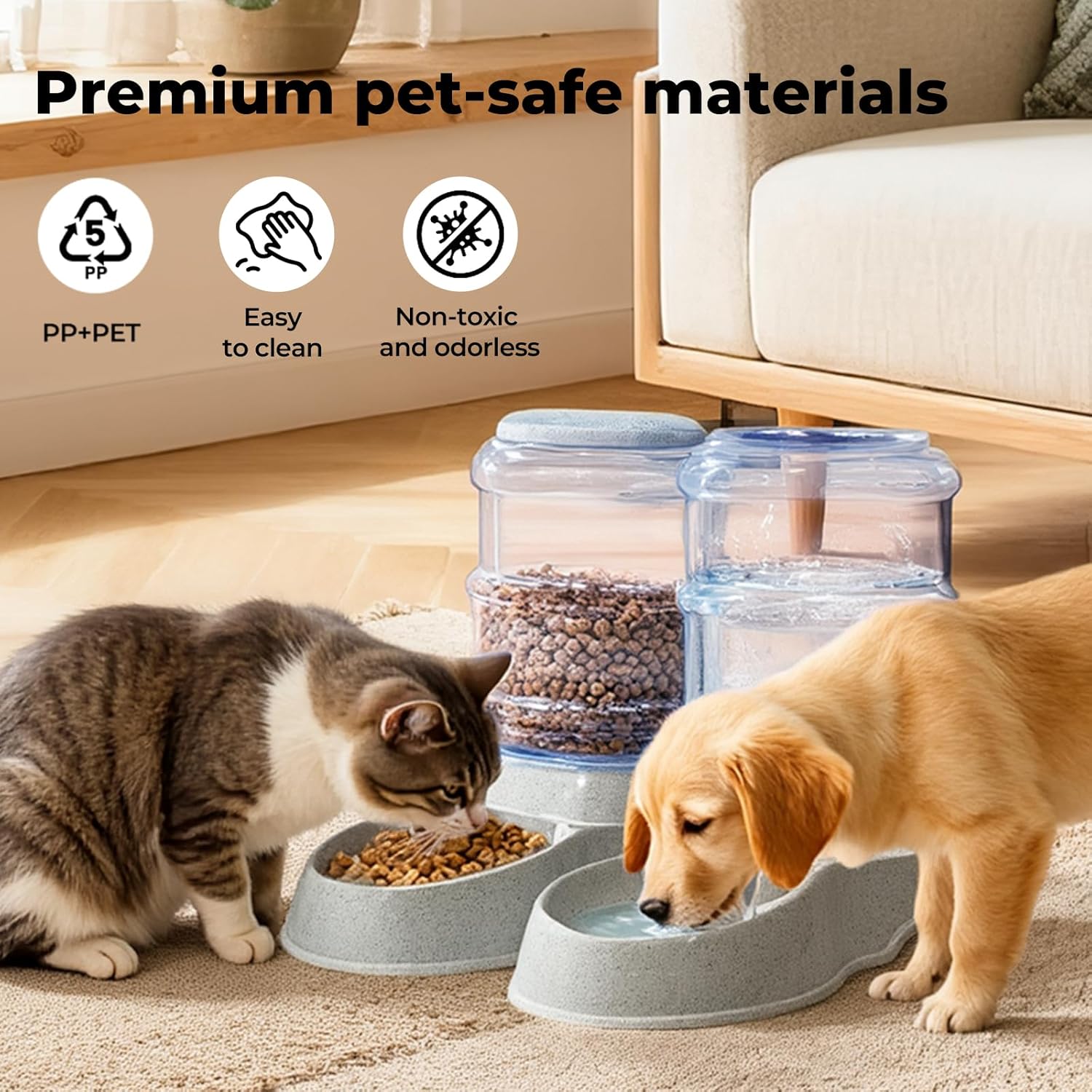 Cat and dog eating from bowls with pet-safe material features displayed at Pet Servo