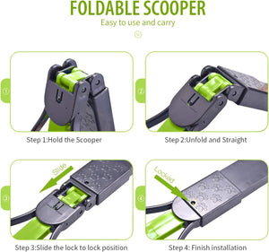 Instructions for using a foldable scooter with green accents on a white background at Pet Servo