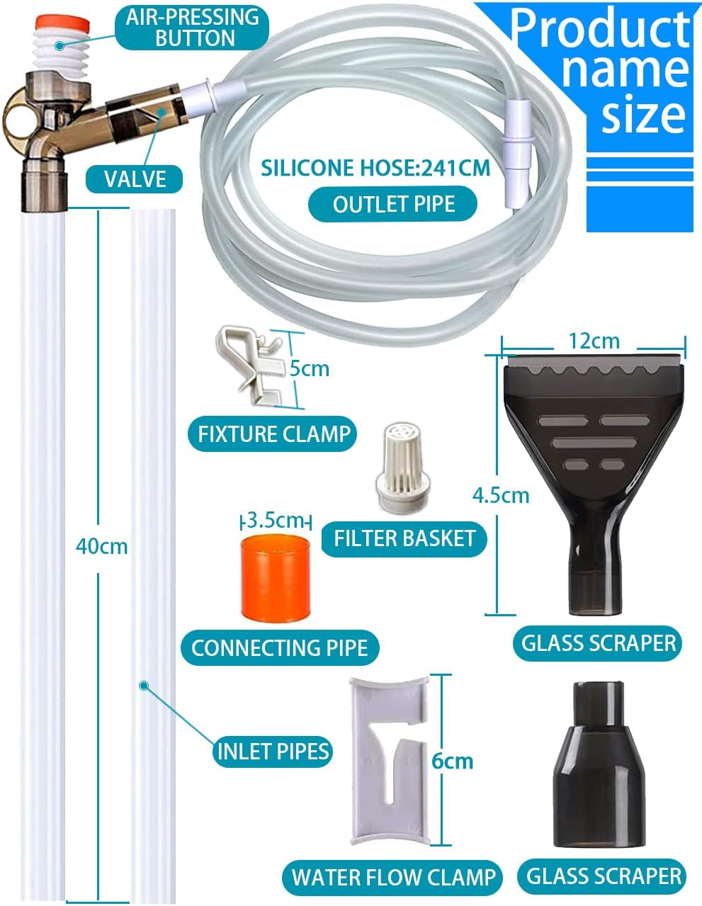 Detailed diagram of a water filter kit with labeled parts and dimensions at Pet Servo