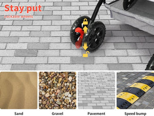 Black lockable wheels for a stroller or cart, featuring a red rubber bumper and yellow arrow graphics demonstrating self-leveling on gray brick pavement. The top left corner features the text 'Stay put lockable wheels' and the bottom displays four small panels showing performance on sand, gravel, pavement, and a speed bump at Pet Servo