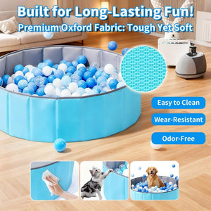 Blue ball pit with balls on a wooden floor, surrounded by text highlighting features at Pet Servo
