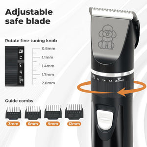 Black cordless pet hair clipper with adjustable safe blade, shown with guide combs and a fine-tuning knob diagram on a light gray background at Pet Servo