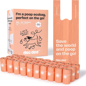 A box of Deg Dog poop ecobags with multiple rolled orange bags arranged in front, plus one standing bag shown upright on a clean white background at Pet Servo