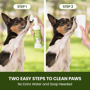 Two-step process for cleaning a dog's paws with a spray and towel, set against a natural background at Pet Servo