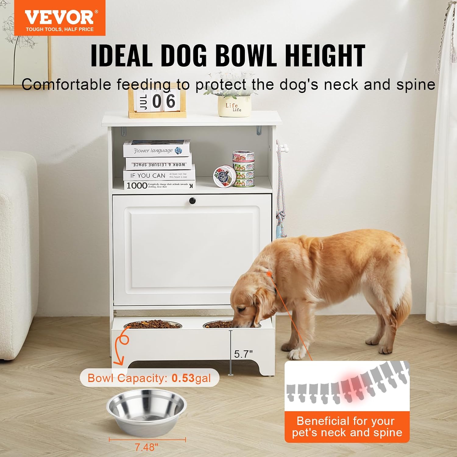 VEVOR - Dog Cupboard Feeding Station with 2 Stainless Steel Bowls 60 x 35 x 80 cm