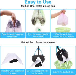 Instructions for using a waste disposal device with plastic bags and paper towel covers at Pet Servo