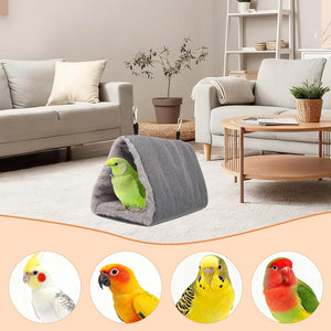 Gray bird perch with a parrot in a living room setting, surrounded by small parrot illustrations at Pet Servo