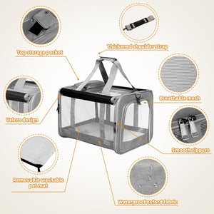 A gray and white pet carrier bag with multiple feature callouts and text labels on a light beige background. The carrier has a mesh front, zippered compartments, a top handle, and a thickened shoulder strap at Pet Servo