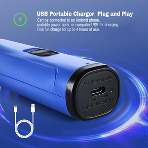 Blue pet nail grinder with USB charging port on a blue background at Pet Servo