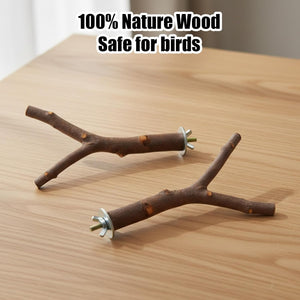 Two wooden bird perches on a wooden surface with text '100% Nature Wood Safe for birds' at Pet Servo
