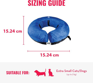 Blue inflatable neck collar with measurements and suitability for small pets on a white background at Pet Servo