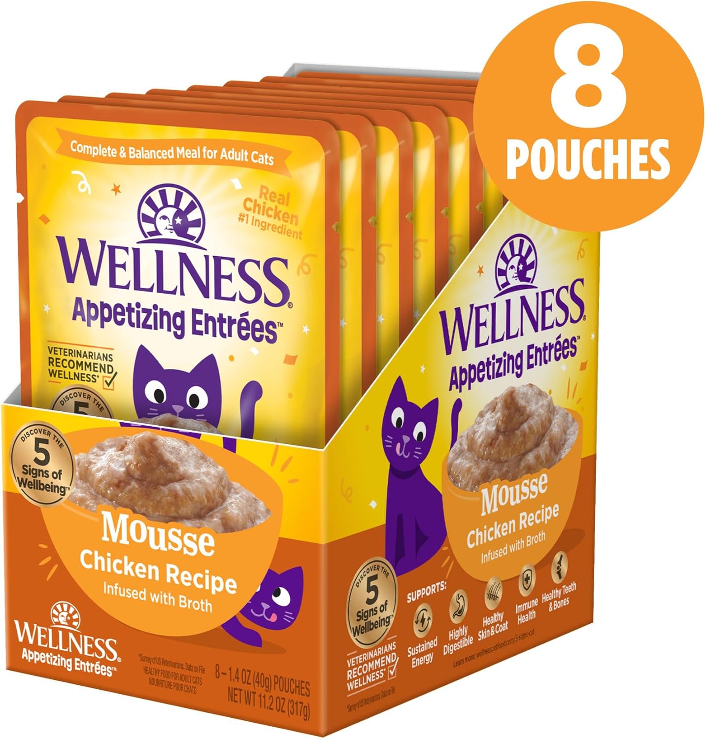 Wellness Appetizing Entrees Mousse Chicken Recipe cat food packaging with 8 pouches displayed at Pet Servo
