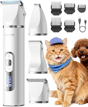 Pet grooming kit with a cat and dog on a white background