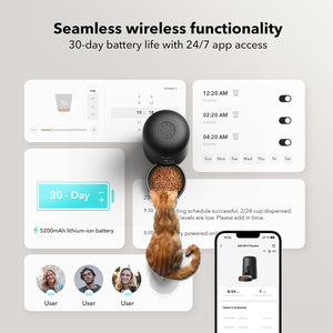Smart pet feeder with digital display and smartphone app interface on a light gray background