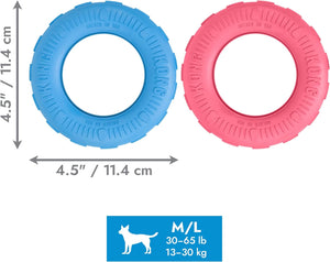 Two dog toys, one blue and one pink, with measurements and weight guidelines on a white background at Pet Servo