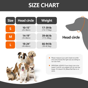 Dog size chart with head circumference and weight ranges for small, medium, and large dogs at Pet Servo