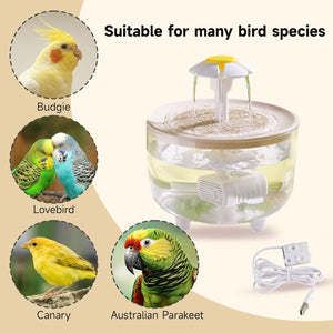 Bird water fountain with images of birds and text indicating suitability for various species on a beige background at Pet Servo