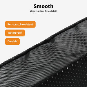 Black textured fabric with features listed on a white background at Pet Servo