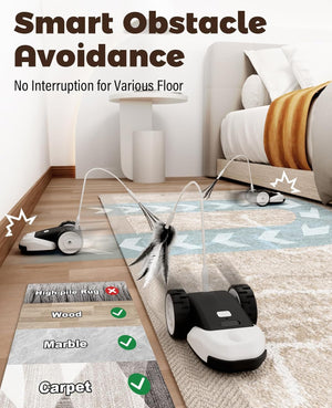 Robotic vacuum cleaner with smart obstacle avoidance feature in a living room setting at Pet Servo