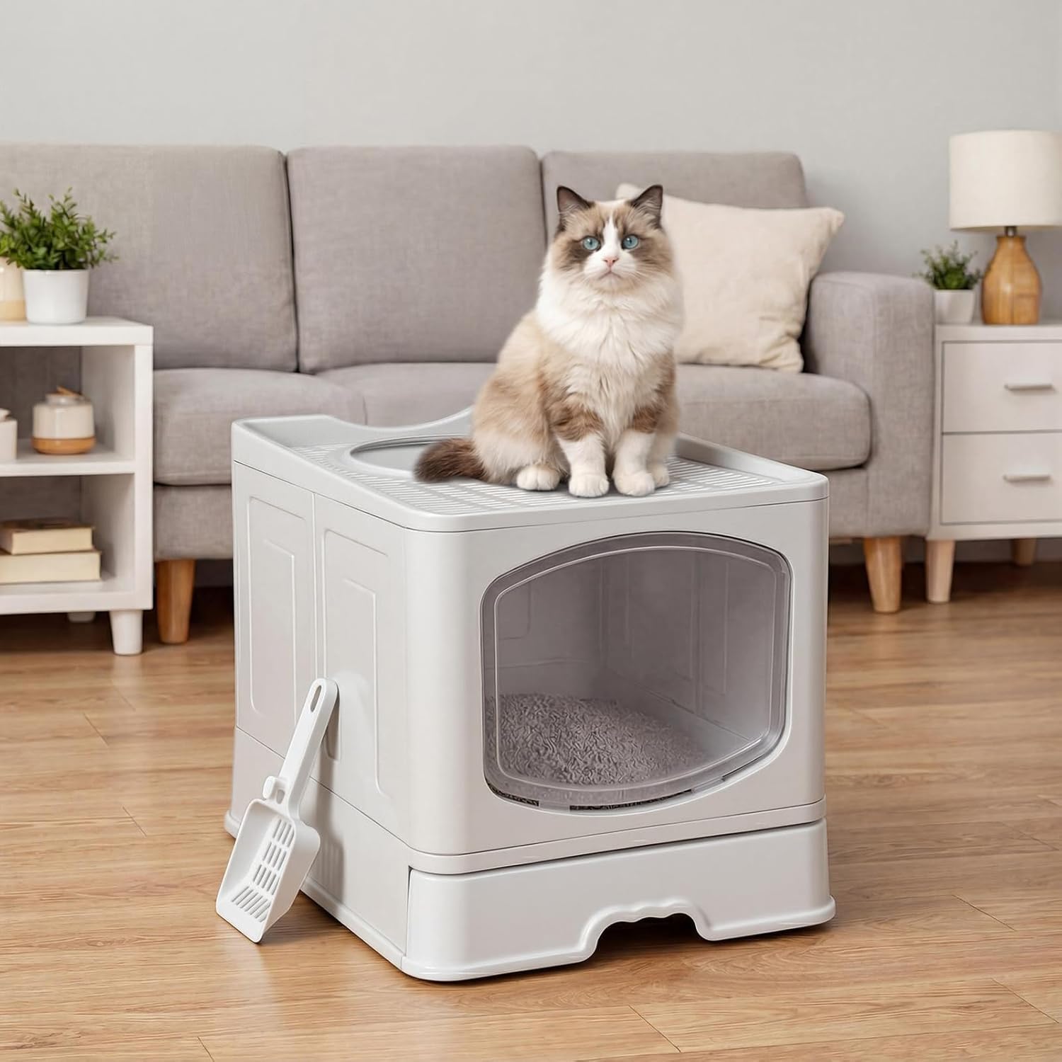 PaWz - Large Anti-Splashing Hooded Enclosed Cat Litter Tray, Plastic Cleaning Scoop at Pet Servo