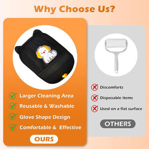 Product advertisement with glove and cleaning tool, highlighting features on an orange and gray background at Pet Servo