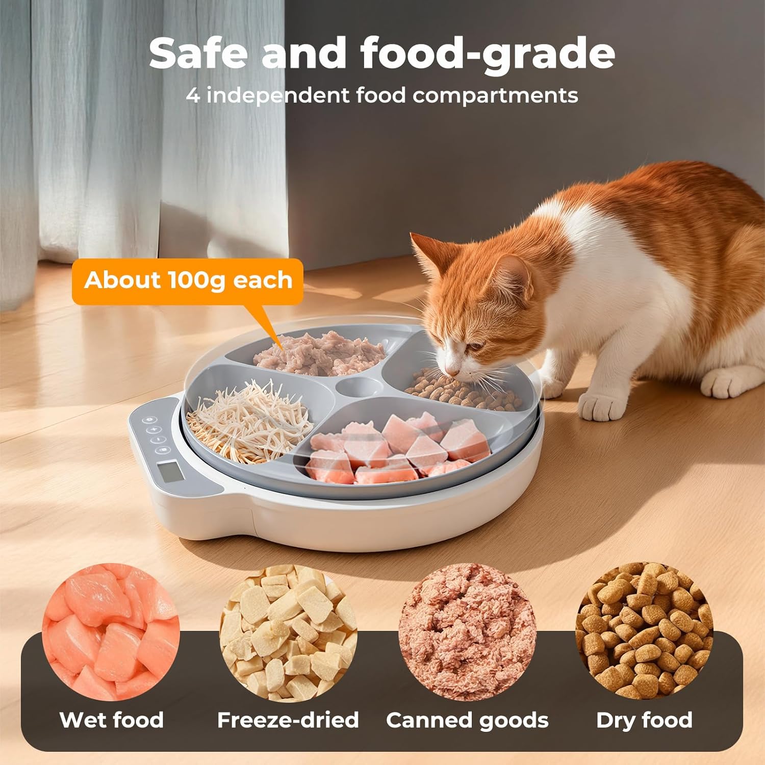 Cat eating from a pet food dish with different food types displayed below at Pet Servo