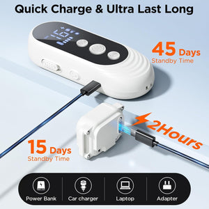 White electronic device with charging cable on a light blue background, displaying standby time and charging capabilities at Pet Servo