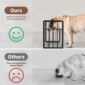 A split comparison graphic showing a dog elevated on a black metal crate-style feeder labeled 'Ours' with a green smiley icon, versus a dog eating from a regular bowl labeled 'Others' with a red sad face icon at Pet Servo