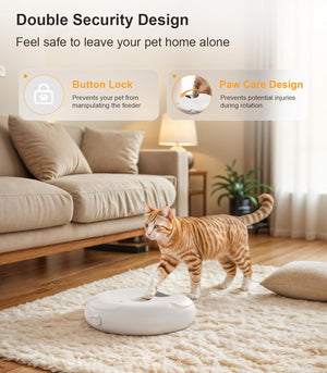 Cat interacting with a pet feeder in a living room setting, highlighting security features at Pet Servo