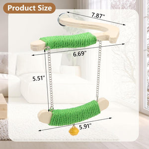 Cat climbing toy with green platforms and chains, shown with measurements on a white background at Pet Servo