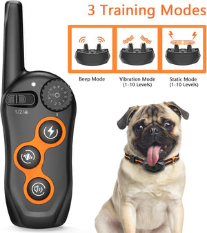 Dog training remote control with a pug wearing a collar, showing 3 training modes at Pet Servo