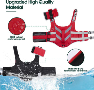 Red and black life vest with water splash and material details on a white background at Pet Servo