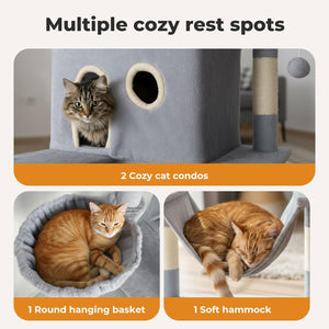 A product feature graphic showing a gray cat tree with two cozy cat condos, a round hanging basket, and a soft hammock, with two cats shown using the product. The text reads 'Multiple cozy rest spots' and labels each area at Pet Servo