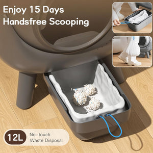 Pet litter box with waste disposal system on a wooden floor, featuring text about handsfree scooping and waste disposal capacity.