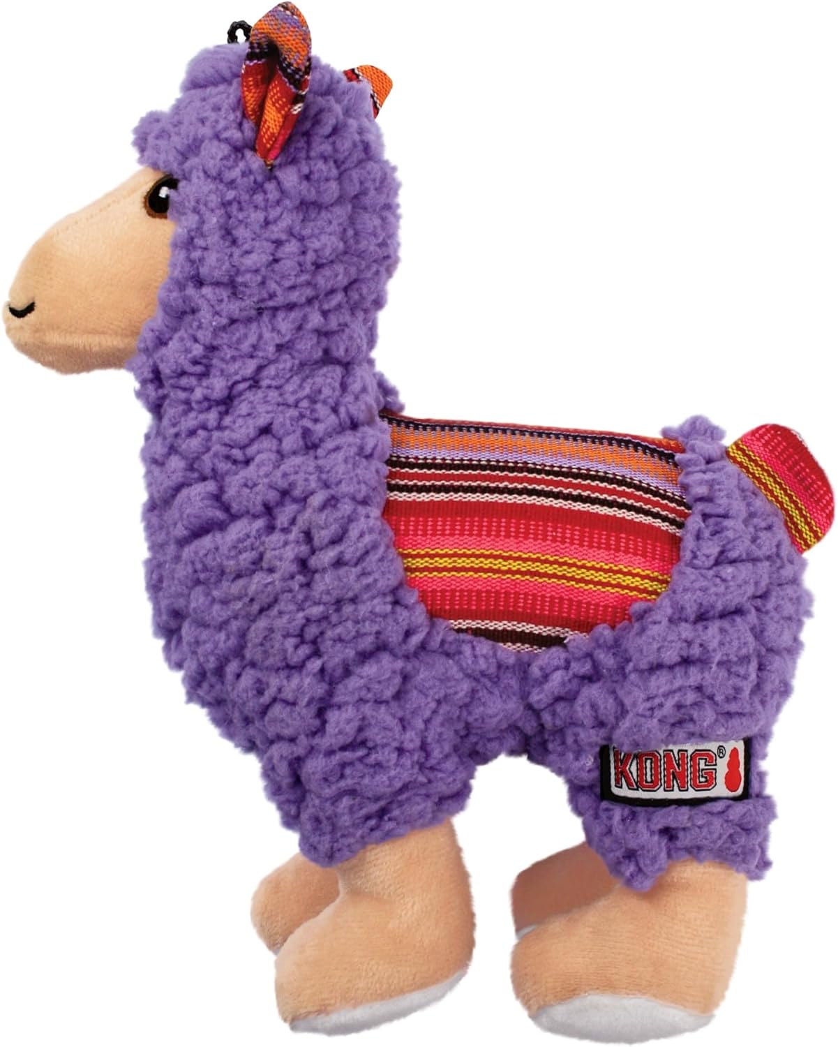 Purple llama-shaped toy with a colorful interior and KONG logo on a white background at Pet Servo