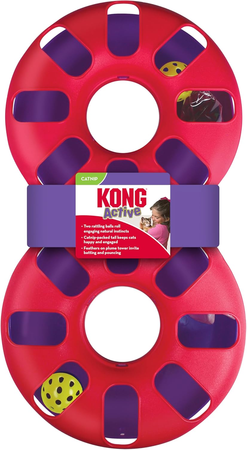 Kong Active Cat toy in red and purple, featuring two interlocking circular rings with oval cutouts and small ball compartments, with a paper label wrapped around the center at Pet Servo