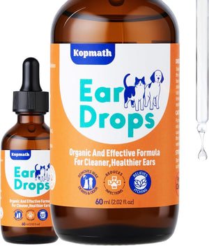 Kopmath Ear Drops bottle with dropper on an orange background at Pet Servo
