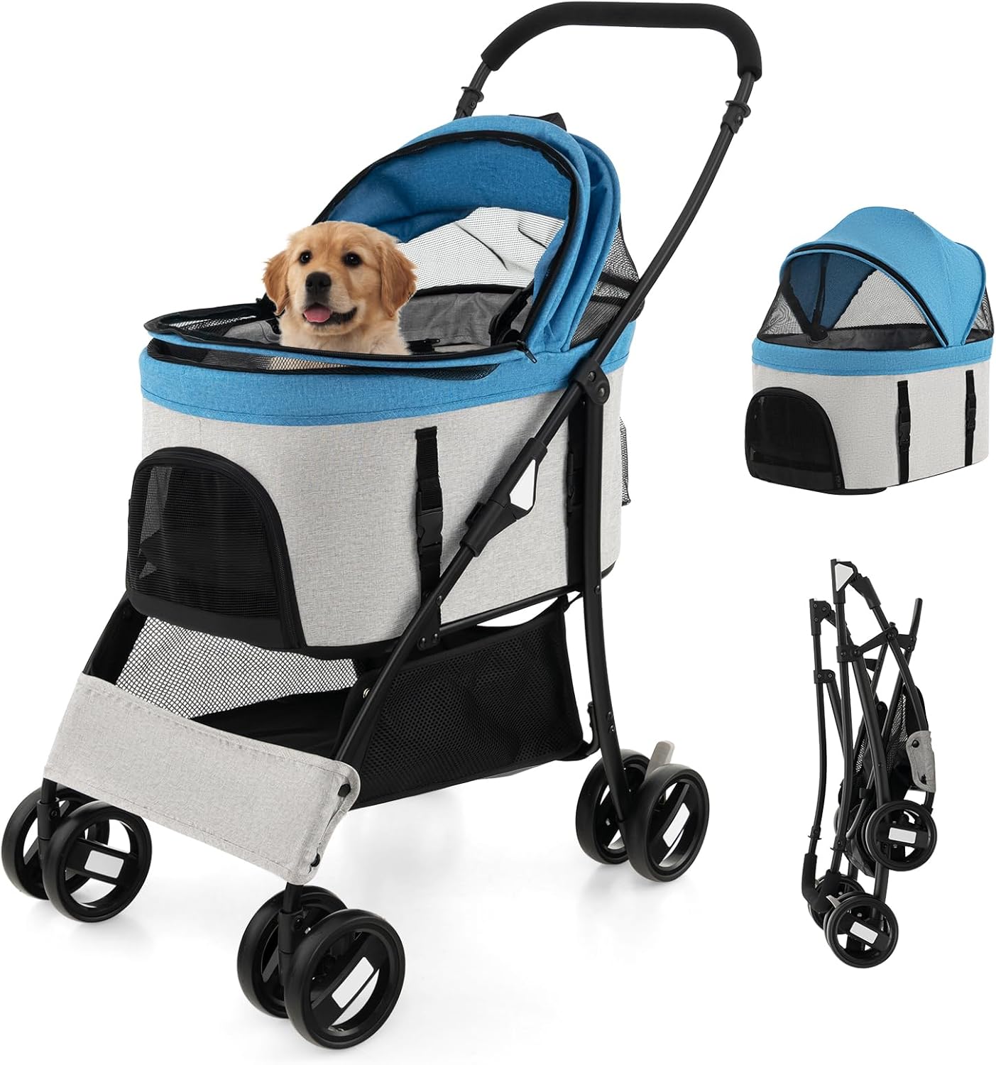 Costway - 3IN1 Pet Stroller Dog Travel Carrier Pram Small/Medium Dogs & Cats - Blue