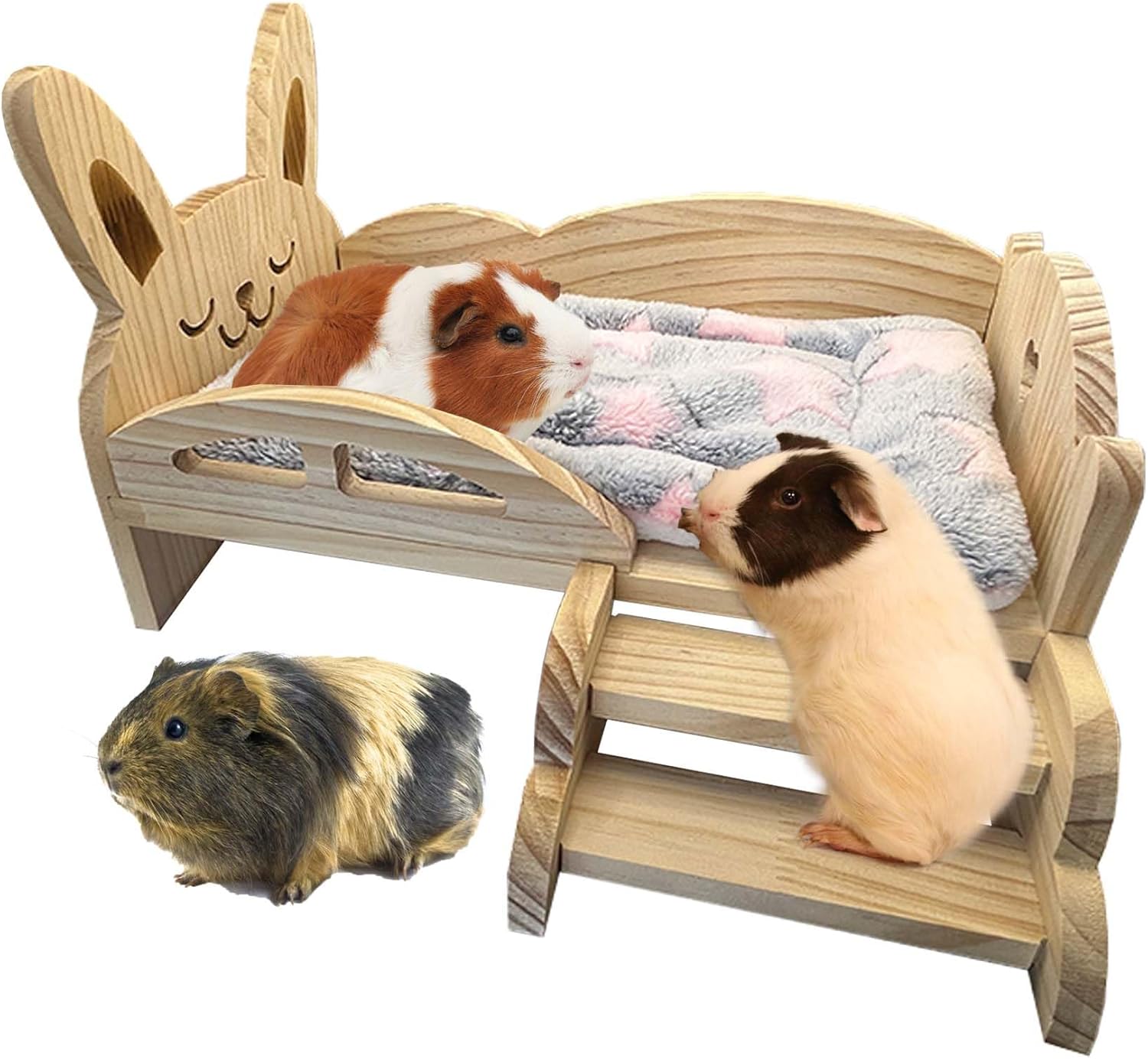 Guinea pigs on a wooden pet bed with a smiling face design at Pet Servo