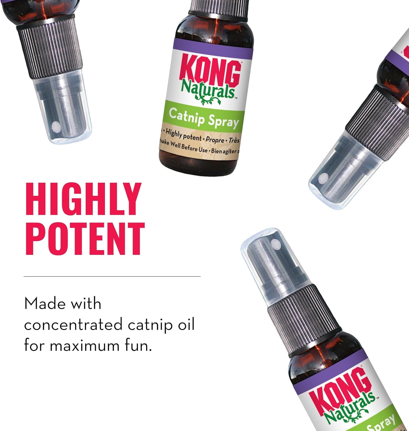 KONG Naturals Catnip Spray bottles with text highlighting potency on a white background at Pet Servo