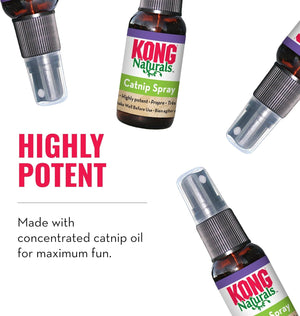 KONG Naturals Catnip Spray bottles with text highlighting potency on a white background at Pet Servo