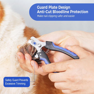 Pet nail clippers being used on a dog's paw with text highlighting safety features at Pet Servo