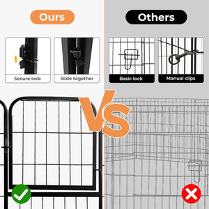 A comparison graphic showing a black metal gate as the 'Ours' option with secure lock and slide together features, versus a gray wire enclosure with basic lock and manual clips under the 'Others' option. Large orange 'VS' text is centered, with feature callout panels above each side at Pet Servo